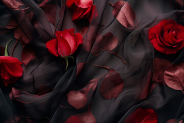 Dark elegant wallpaper made of red and black tulle fabric with vibrant red flowers. Aesthetic fashion, passion and love background. 