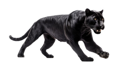 Obraz premium a Black Jaguar, forward aggressive action, full body, 3/4 view, in a Nature-themed, illustration in a PNG, cutout, and isolated. Generative AI