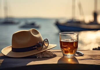 hat and drink set with sunglasses sitting on table next to water Generative AI