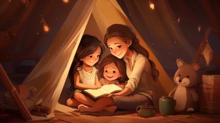 Obraz na płótnie Canvas A woman and two children reading a book in a tent