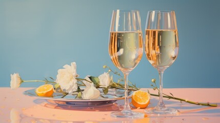 Two glasses of champagne next to a plate of oranges