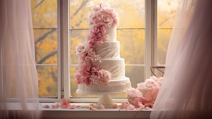 A wedding cake sitting on a window sill