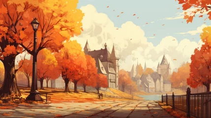 Keuken foto achterwand Aquarelschilderij wolkenkrabber  A painting of an autumn scene with a castle in the background