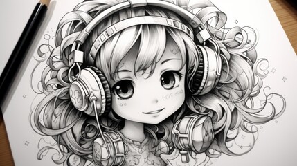 A drawing of a girl with headphones on