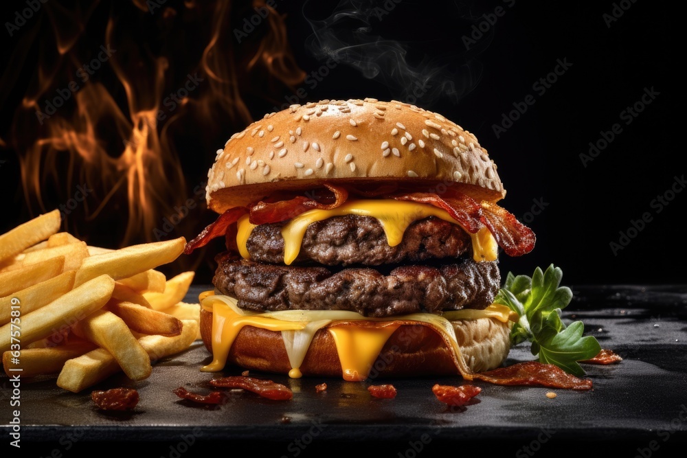 Poster a hamburger and fries on a table with flames in the background. generative ai.