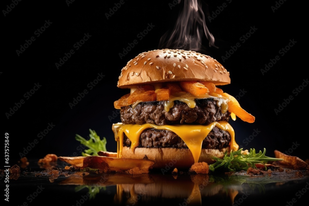 Poster a large hamburger with cheese and fries on a table. generative ai.
