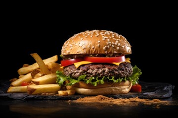 A hamburger with lettuce, tomato, cheese and french fries. Generative AI.