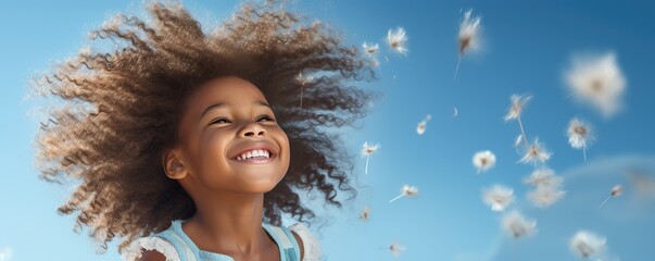 A little girl is smiling and blowing her hair. Generative AI.