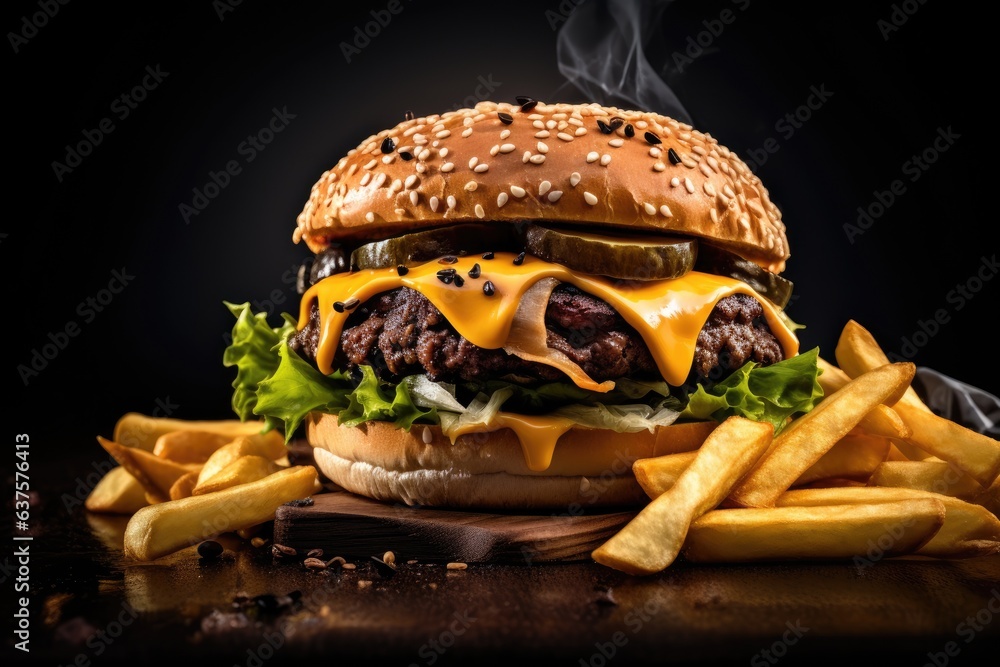 Poster a hamburger with cheese and fries on a table. generative ai.