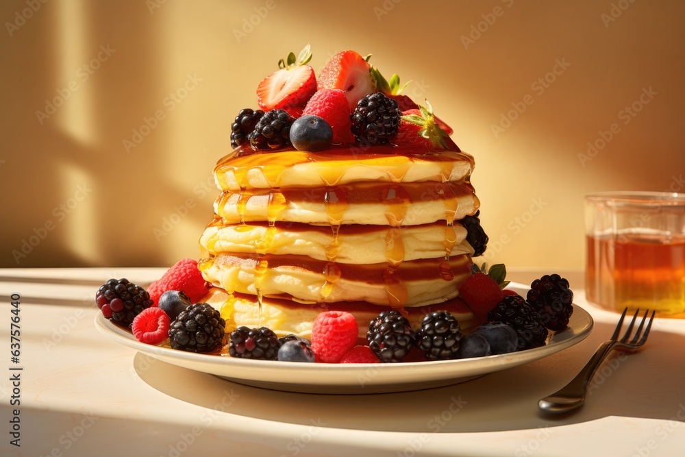 Poster a stack of pancakes topped with berries and syrup. generative ai.