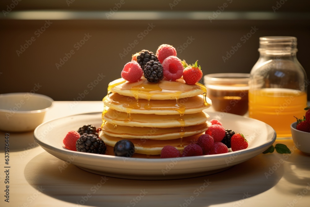 Poster a stack of pancakes with syrup and berries on a plate. generative ai.