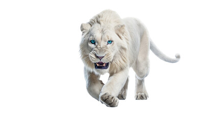 a White Lion in-motion, front view,  in an isolated and transparent PNG in an Endangered Wildlife-themed, photorealistic illustration. Generative ai