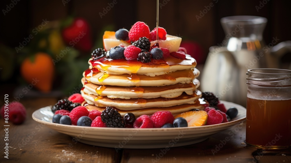Poster a stack of pancakes topped with berries and syrup. generative ai.