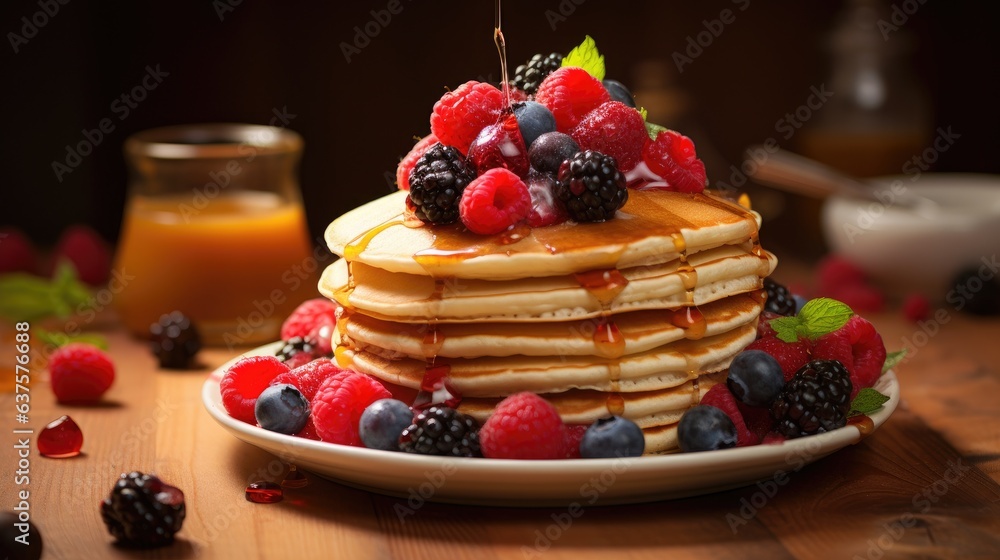 Poster a stack of pancakes topped with berries and syrup. generative ai.