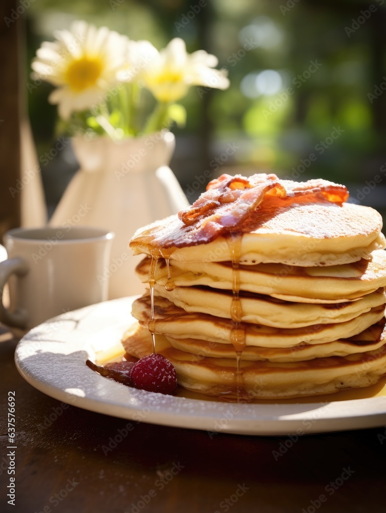 Poster a stack of pancakes with bacon and syrup on a plate. generative ai.