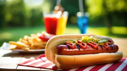 Foto op Aluminium A hot dog with mustard and ketchup on a bun. Generative AI. © Natalia