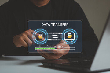 Transfer file concept. data transfer between Smartphone and Laptop. Data transfer file between...