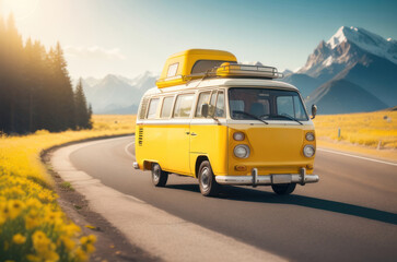 Obraz premium Illustration of a yellow camper van on a road with beautiful mountain backdrops.generative AI