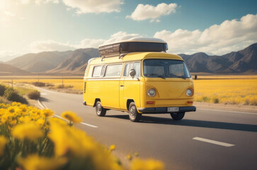 Illustration of a yellow camper van on a road with beautiful mountain backdrops.generative AI