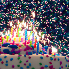Festive colorful birthday celebration cake with candles