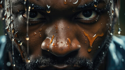 An extreme close up photo of a professional athlete with intense focus in his eyes and sweat pouring down his face. 