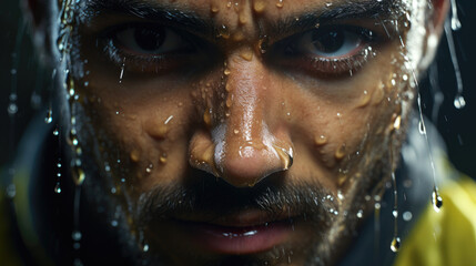 An extreme close up photo of a professional athlete with intense focus in his eyes and sweat...