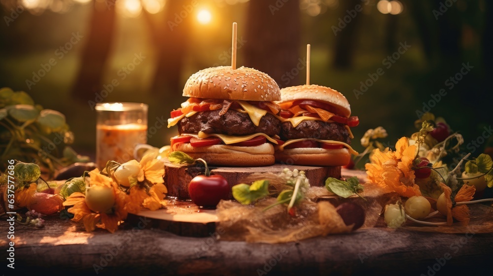 Poster two hamburgers are stacked on top of each other. generative ai.