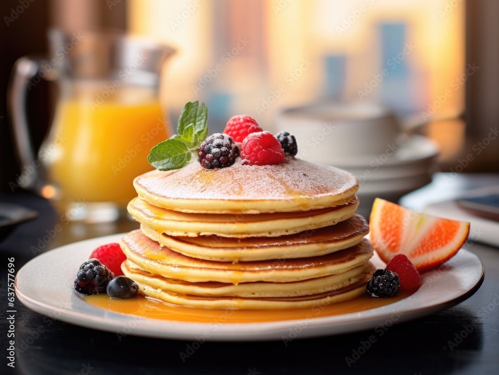 Poster a stack of pancakes topped with berries and syrup. generative ai.