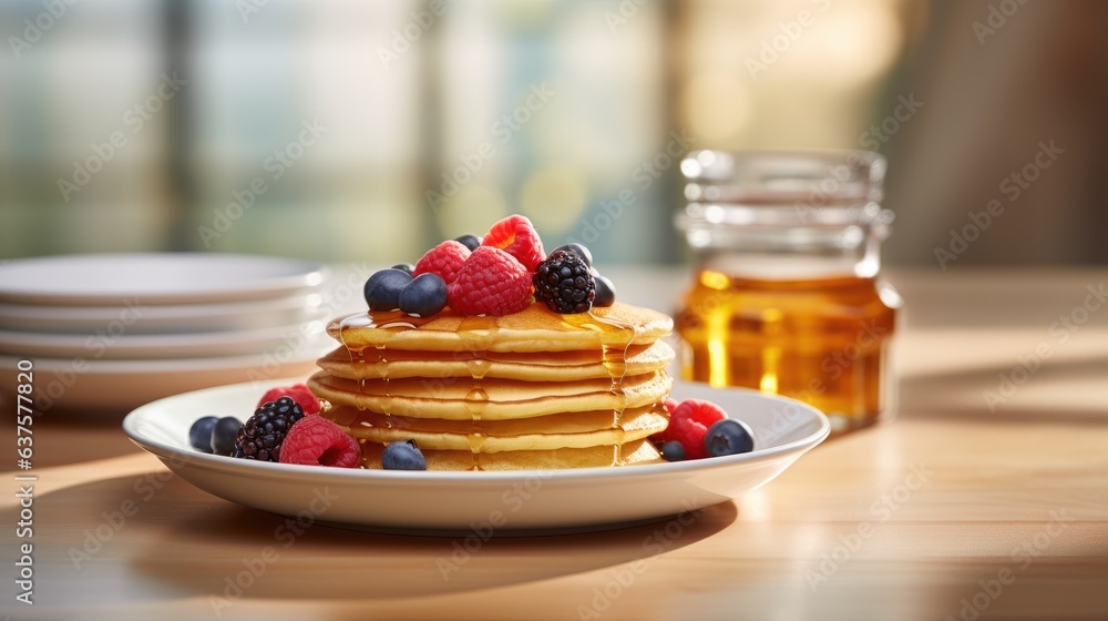 Poster a stack of pancakes on a plate with berries and syrup. generative ai.