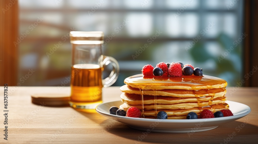 Poster a stack of pancakes on a plate with syrup and berries. generative ai.