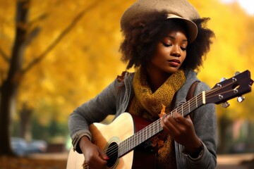 A woman playing a guitar in a park. Generative AI.