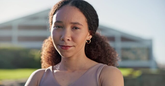 Serious, fitness and face of woman in park for energy, cardio and sports performance. Workout, health and wellness with portrait of person in nature for marathon training, challenge and exercise