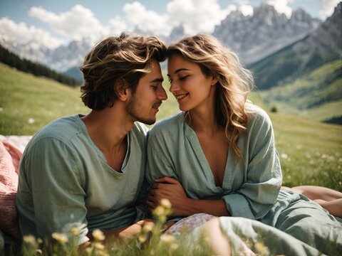 A heartwarming photograph capturing a young couple deeply in love, sitting on a soft blanket during a serene picnic in the breathtaking Alps Dolomites. 