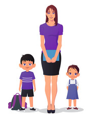 Joyful Cartoon Teacher Standing with School Kids, Cute School boy and Girl Standing with their Teacher Illustration