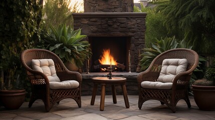 Fototapeta na wymiar Chairs By Fireplace In Patio