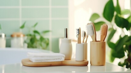 Fototapeta na wymiar Dish washing brushes, bamboo toothbrushes and green houseplant. Sustainable lifestyle zero waste concept.