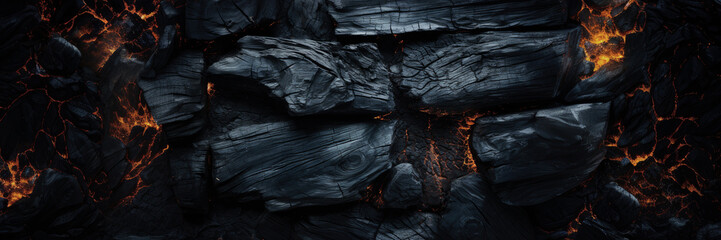 Burnt wooden texture with fire, banner