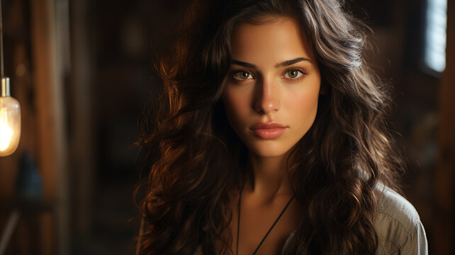 portrait of young beautiful woman with long wavy hair.
