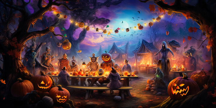 illustration of skeletons which sitting at festive table and celebrating Halloween. Halloween party