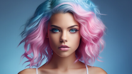 Fototapeta premium Portrait of beautiful model with pink blue hair for an advertisement for cosmetics brand. Trend for individuality and freedom to do what you want with your appearance.