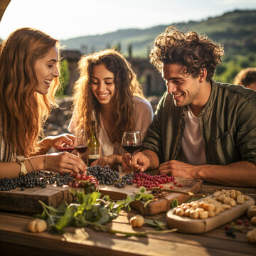 Young people eat a rustic meal in a historic old town in Tuscany, ai generated