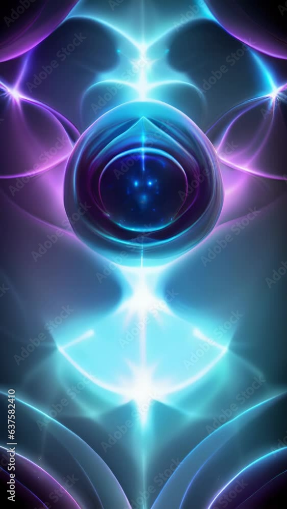 Poster glowing blue s of energy whirl and spin around each other in a mesmerizing kaleidoscopic pattern of 