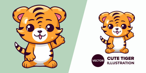 Cute Tiger Waving Hand in Flat Cartoon: Icon Illustration Vector, Perfect for Poster, Card, Decoration, and Print