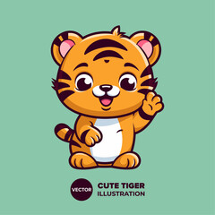 Waving Tiger in Adorable Cartoon Form: Icon Illustration Vector, Ideal for Poster, Card, Decoration, and Print