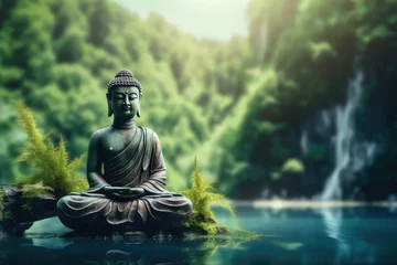 Fototapeten buddha statue on a rock lakeside natural spa background © Celina