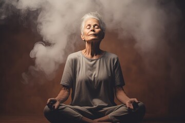 Calm old woman with closed eyes during yoga meditation