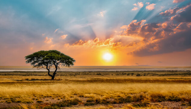 single acacia tree in the savannah at sunset, solitude in the wild, dry grass in the foreground