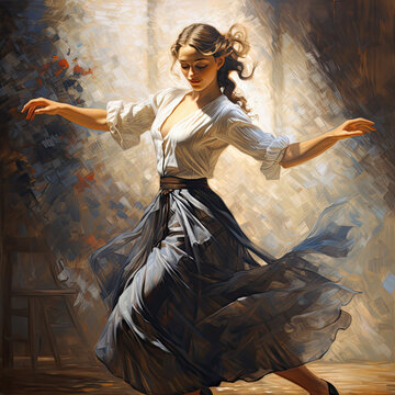 Dancing young woman in long skirt painting illustration.