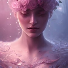 portrait of a woman with a bouquet of  pink roses in her hair