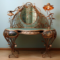 Vanity and dressing table styled like art nouveau designed with mirror and lamp shaped like flower.